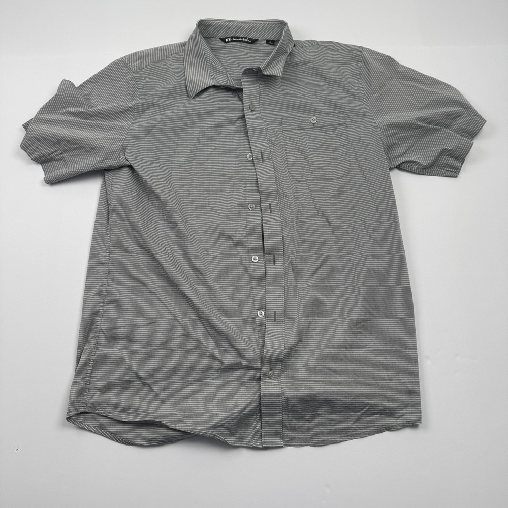 TravisMathew Shirt Mens Large Gray White Striped Short Sleeve Button Up Casual
